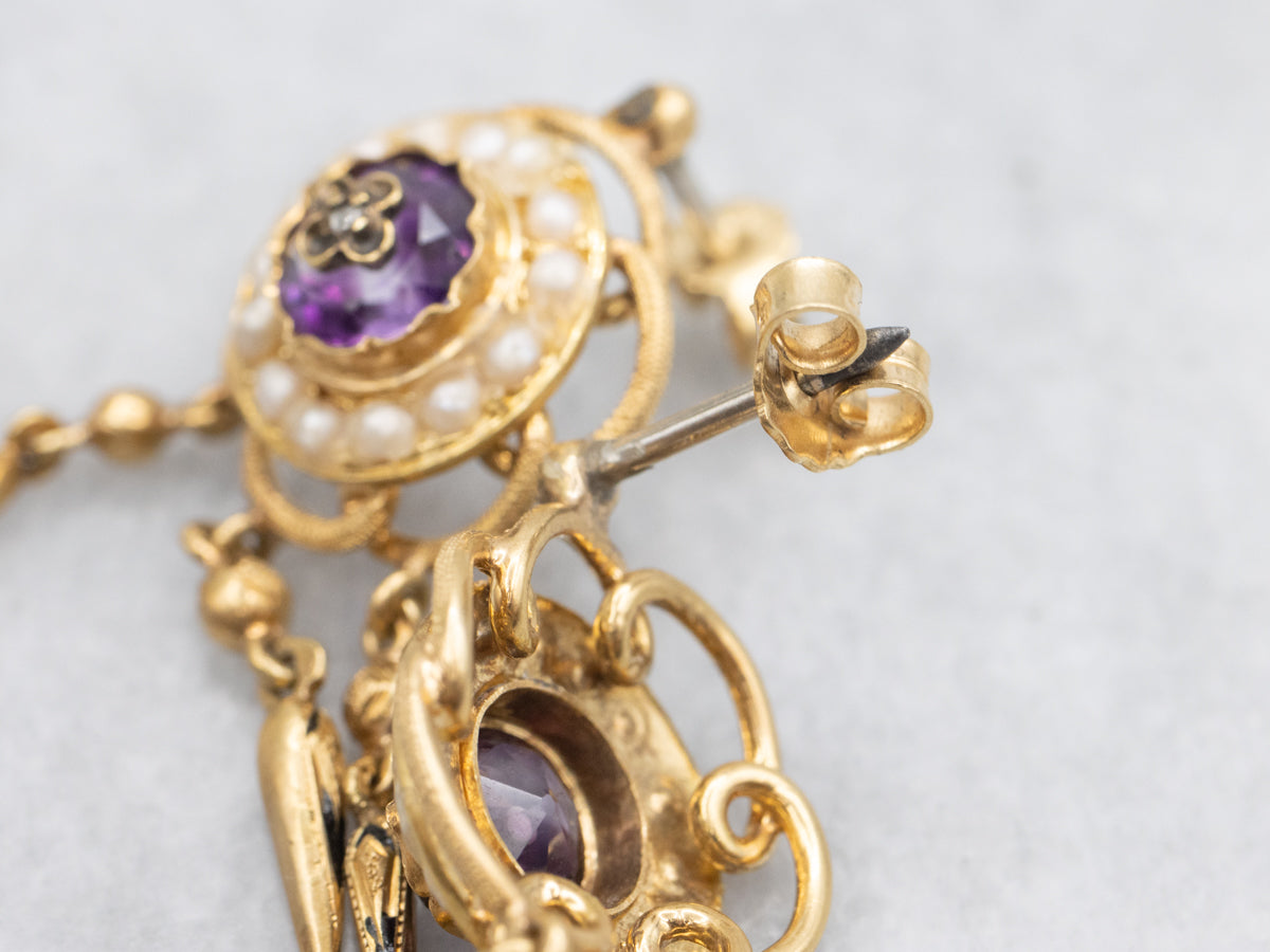 Amethyst Diamond and Pearl Circa 1870s Rose of Sharon Drop Earrings