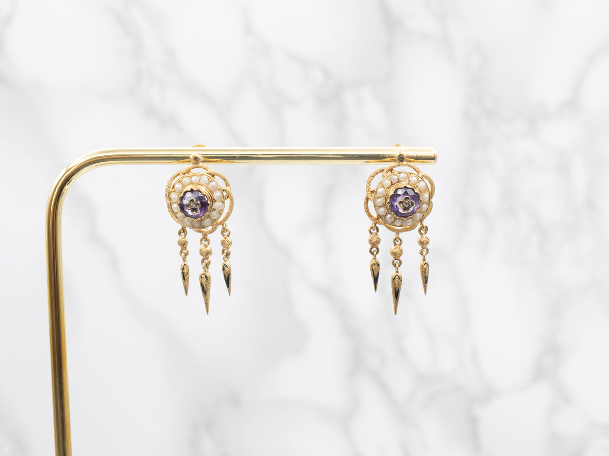 Amethyst Diamond and Pearl Circa 1870s Rose of Sharon Drop Earrings