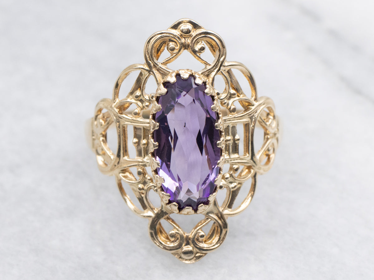 Scrolling Gold Amethyst Dinner Ring