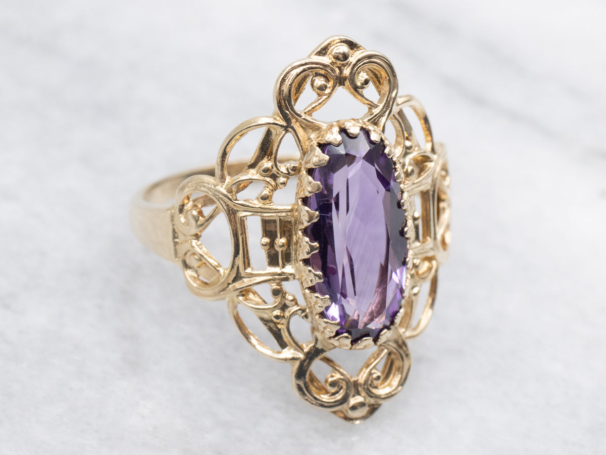 Scrolling Gold Amethyst Dinner Ring