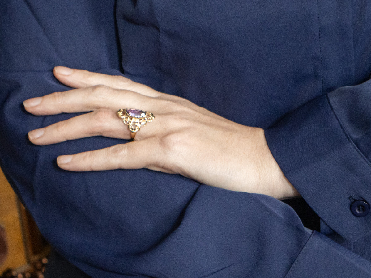 Scrolling Gold Amethyst Dinner Ring