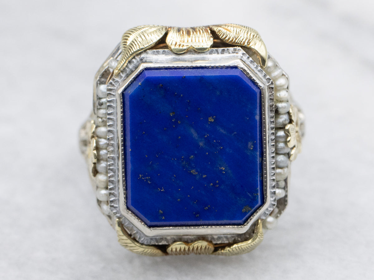Antique Lapis Lazuli Floral Filigree Cocktail Ring