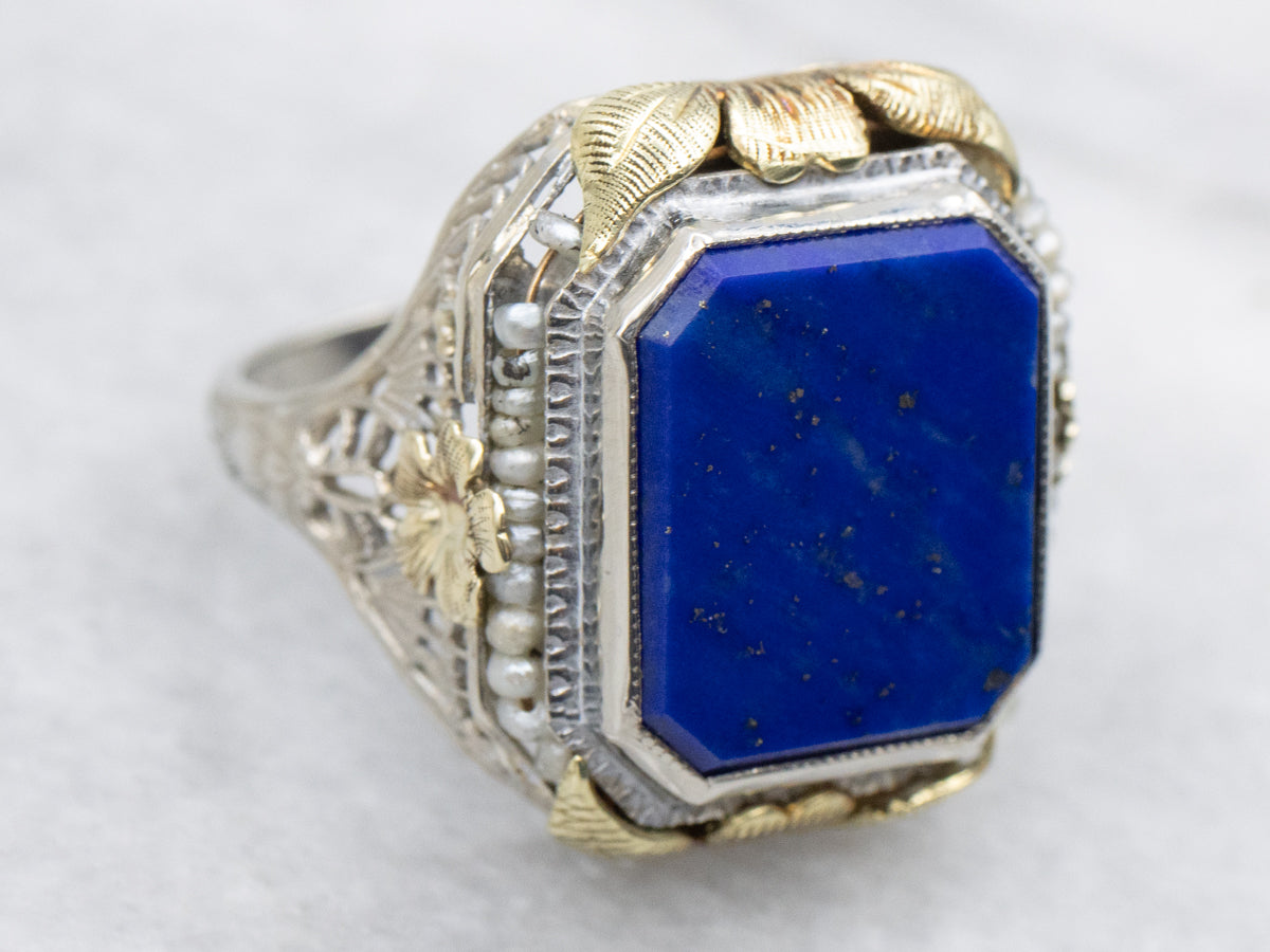 Antique Lapis Lazuli Floral Filigree Cocktail Ring
