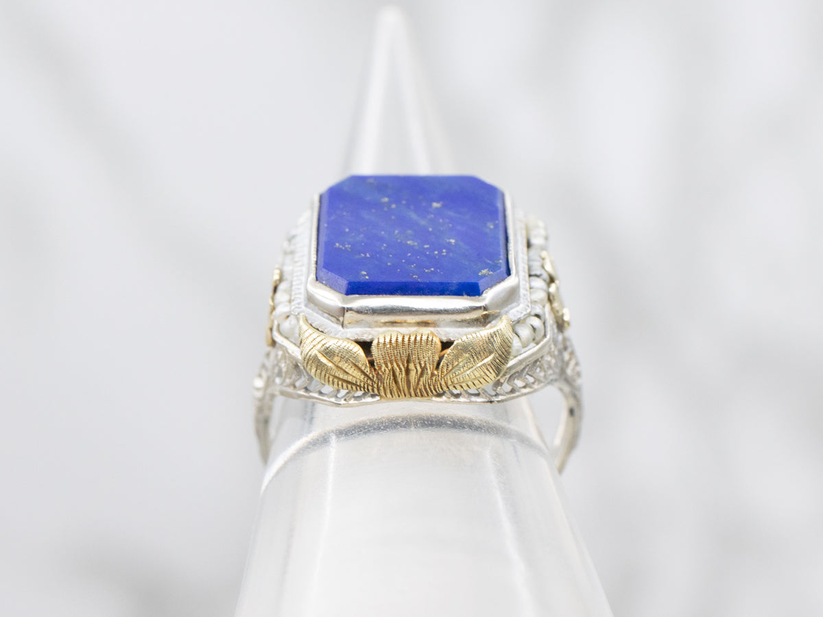 Antique Lapis Lazuli Floral Filigree Cocktail Ring