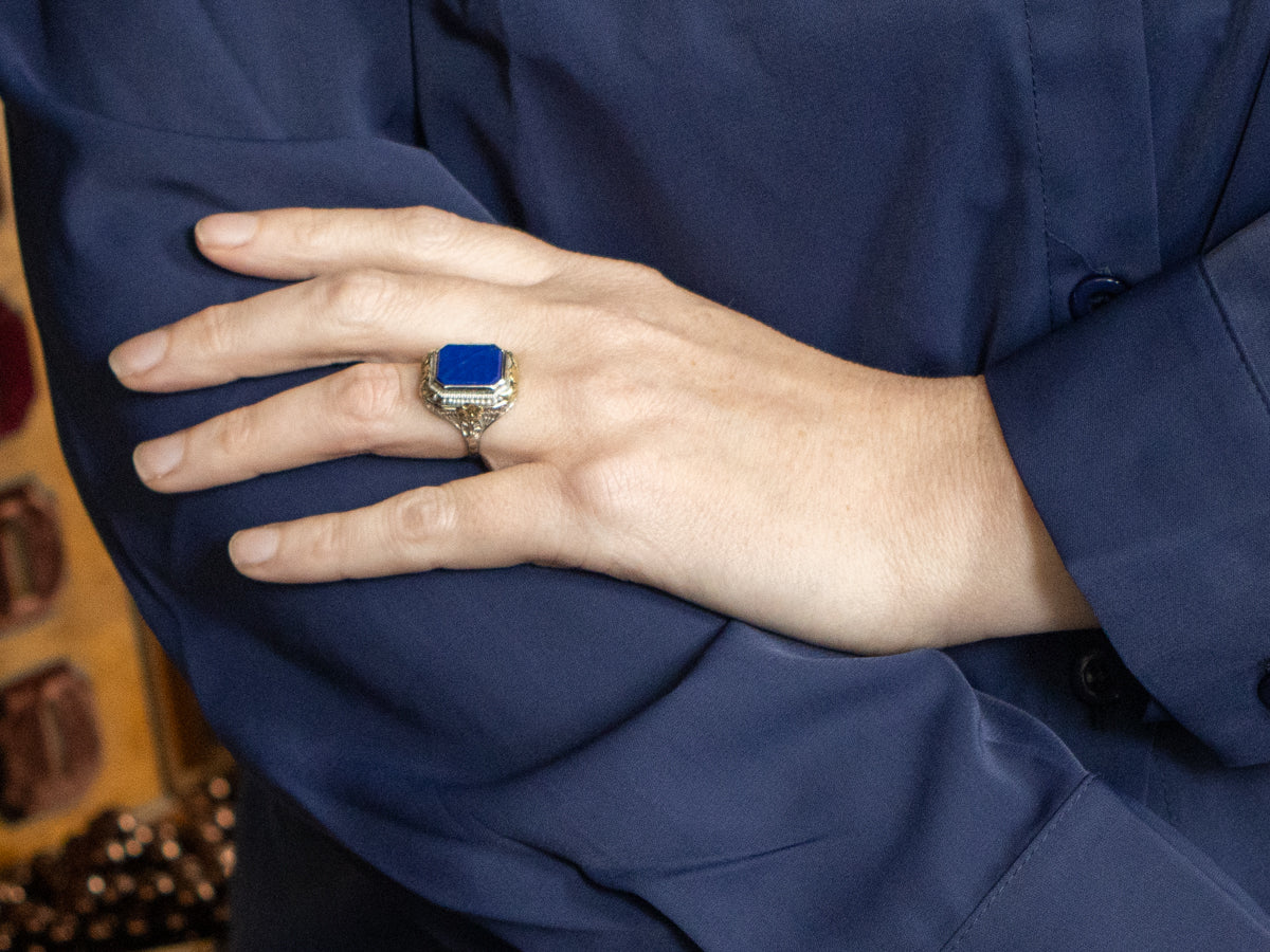 Antique Lapis Lazuli Floral Filigree Cocktail Ring