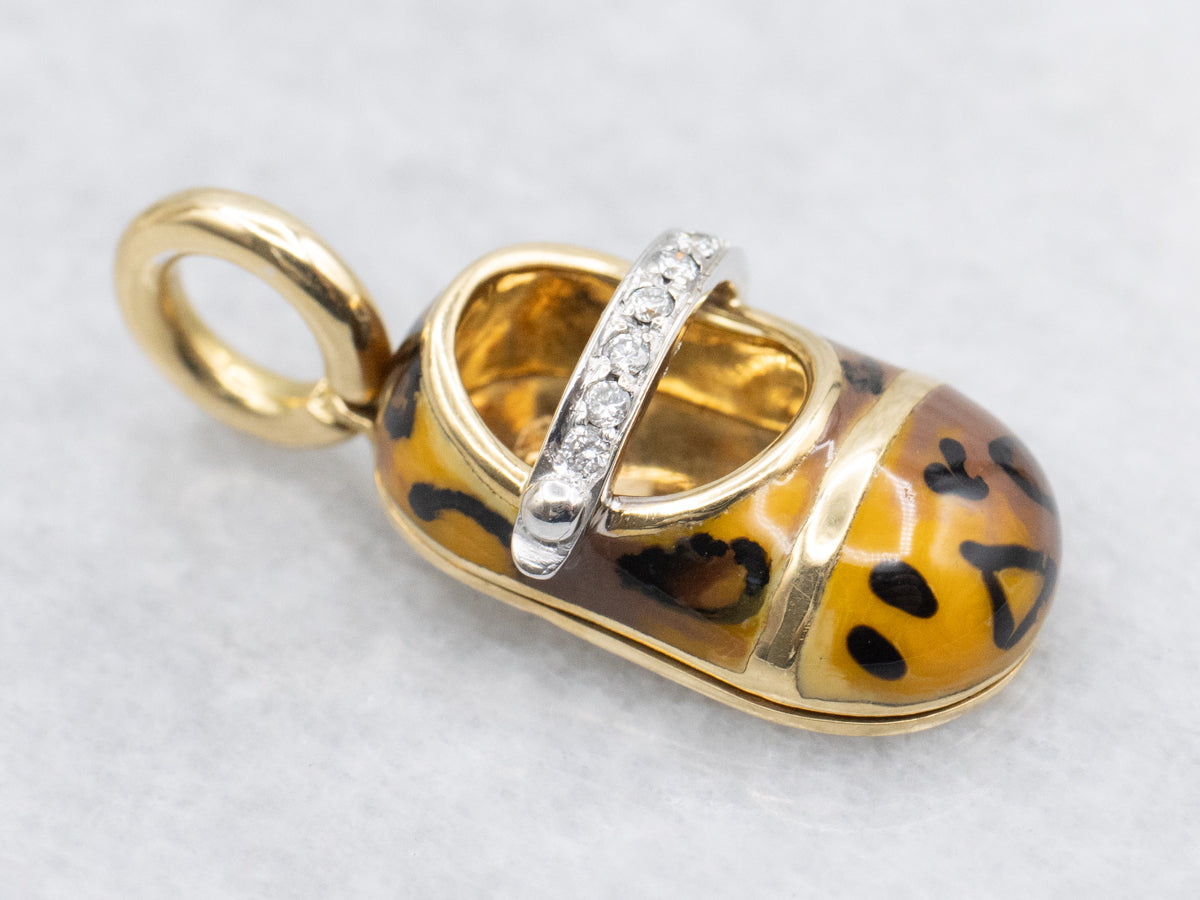 Leopard Print Enamel and Diamond Baby Shoe Pendant