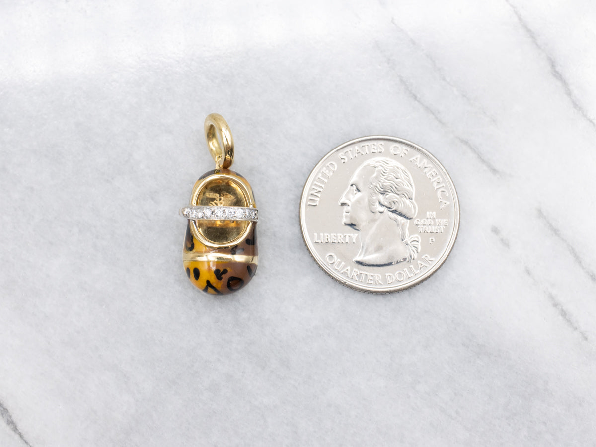 Leopard Print Enamel and Diamond Baby Shoe Pendant