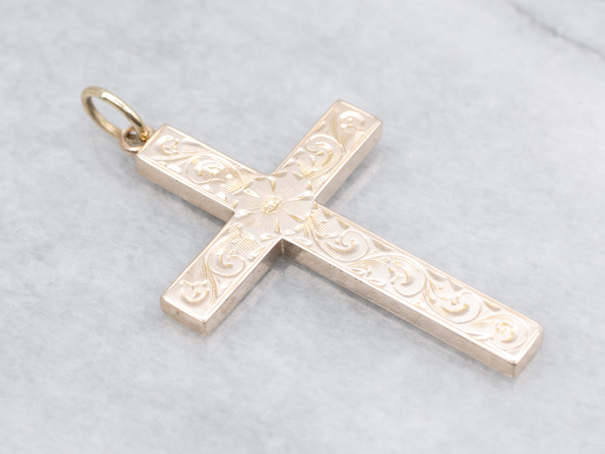Vintage Engraved Gold Floral Cross Pendant