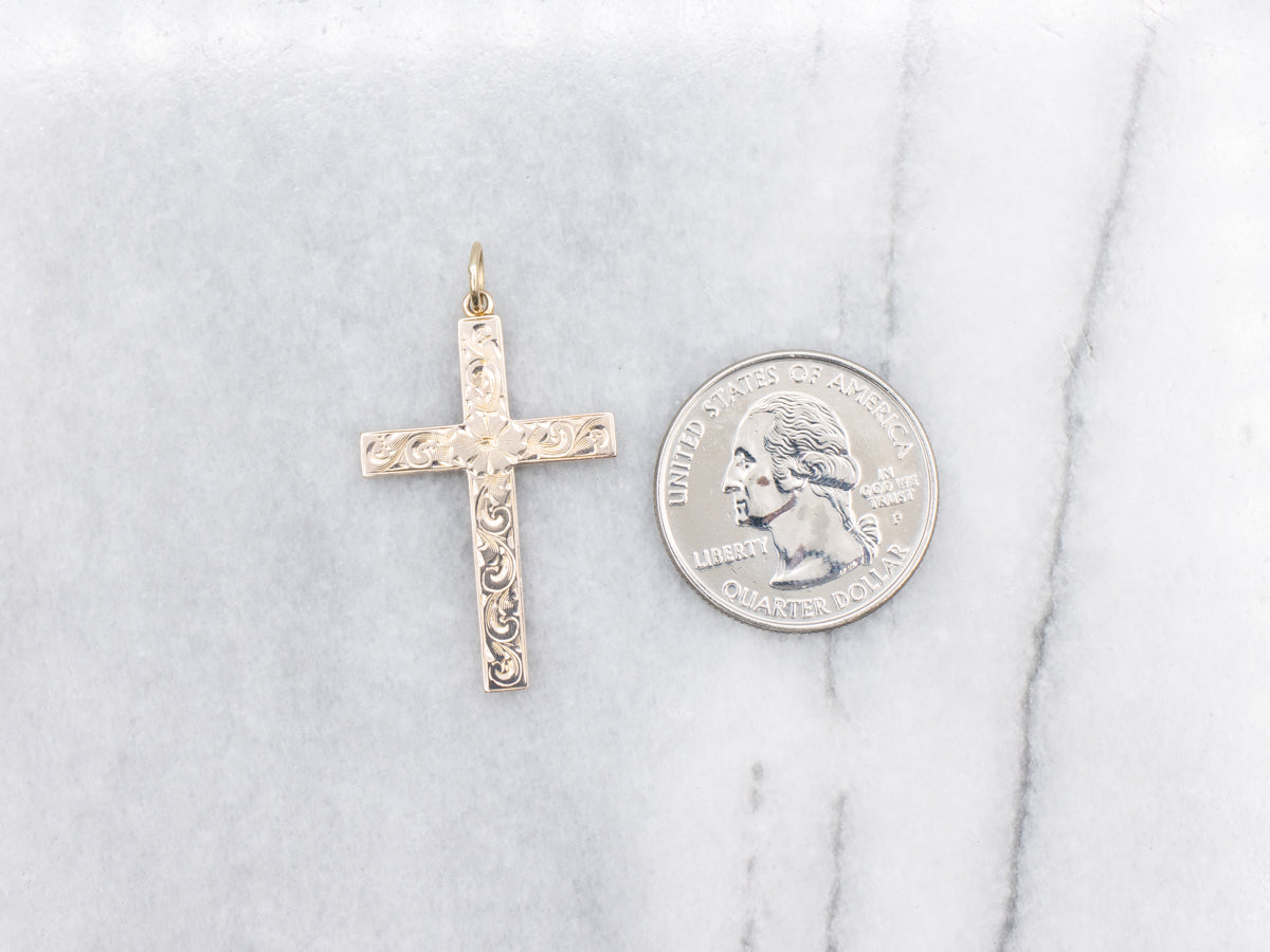 Vintage Engraved Gold Floral Cross Pendant
