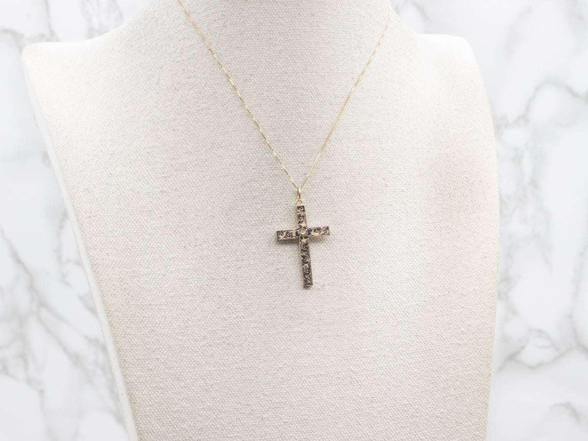 Vintage Engraved Gold Floral Cross Pendant