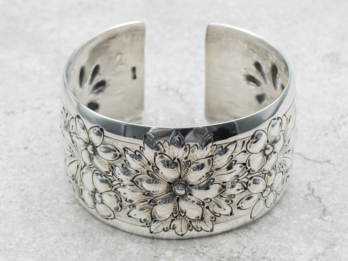 Vintage Floral Sterling Silver Cuff Bracelet