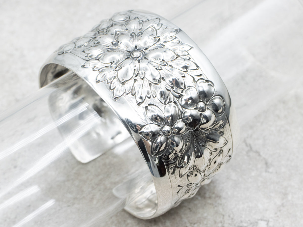 Vintage Floral Sterling Silver Cuff Bracelet