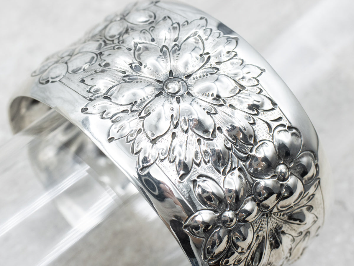 Vintage Floral Sterling Silver Cuff Bracelet