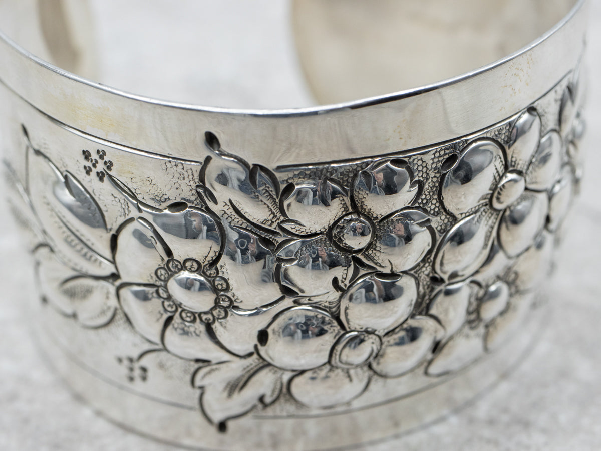 Vintage Beautiful Dogwood Flower Sterling Silver Cuff Bracelet