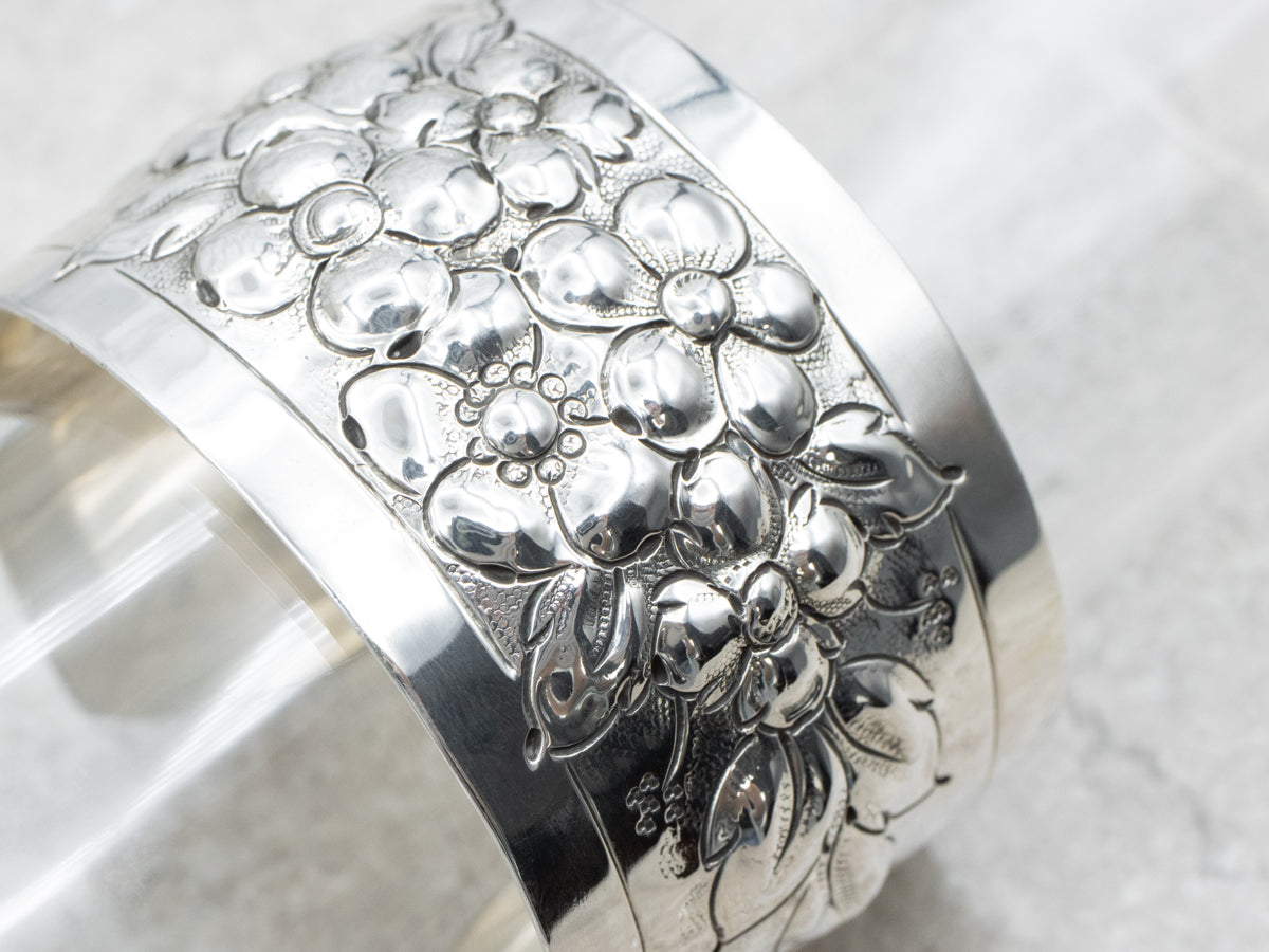 Vintage Beautiful Dogwood Flower Sterling Silver Cuff Bracelet