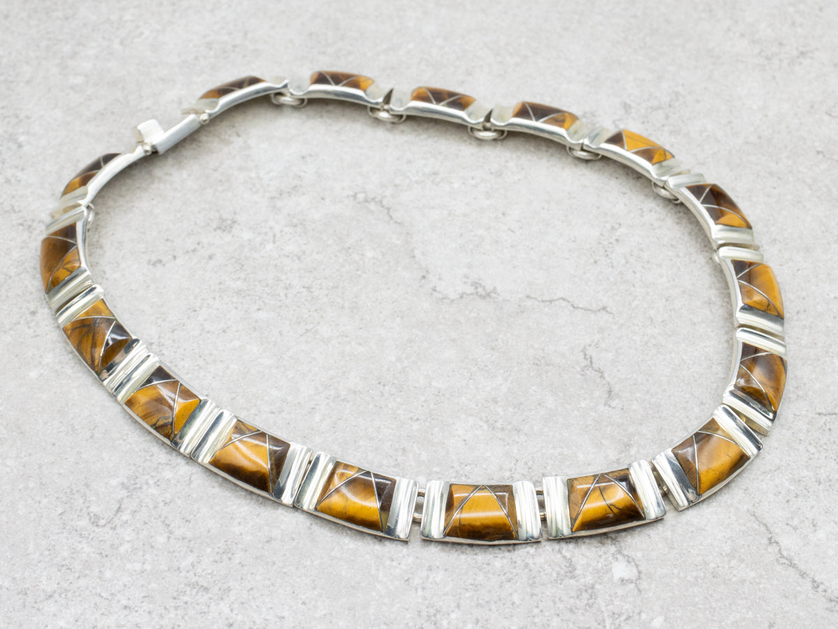 Modernist Sterling Silver and Tiger's Eye Link Necklace
