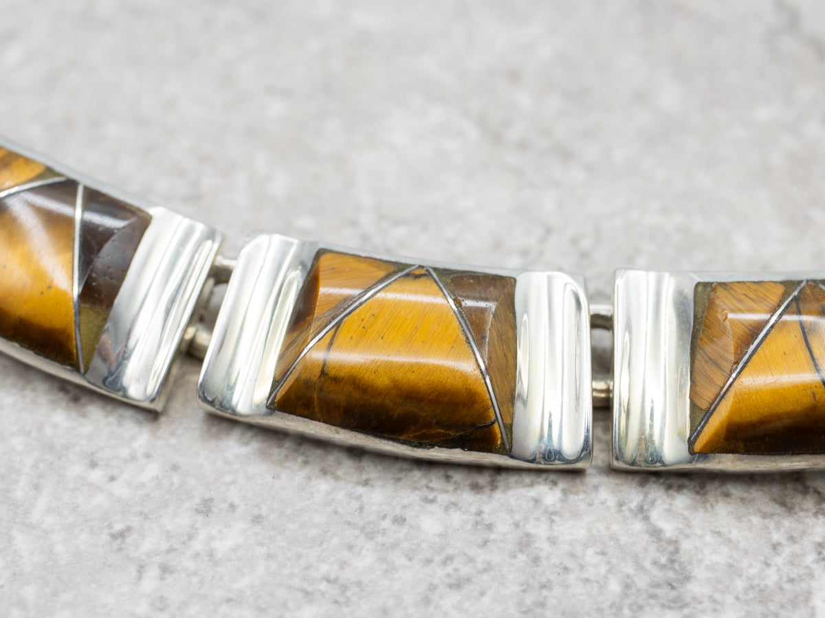 Modernist Sterling Silver and Tiger's Eye Link Necklace