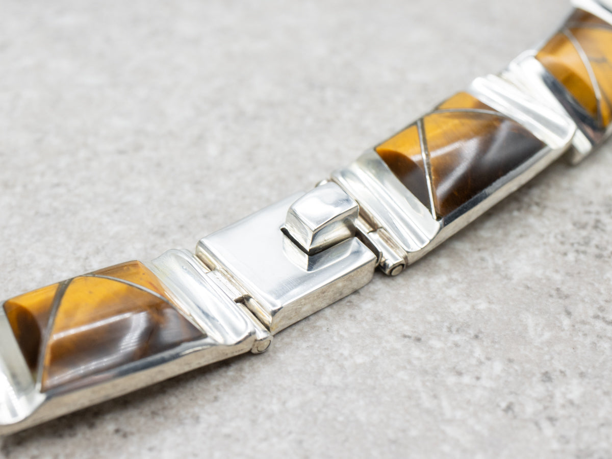 Modernist Sterling Silver and Tiger's Eye Link Necklace