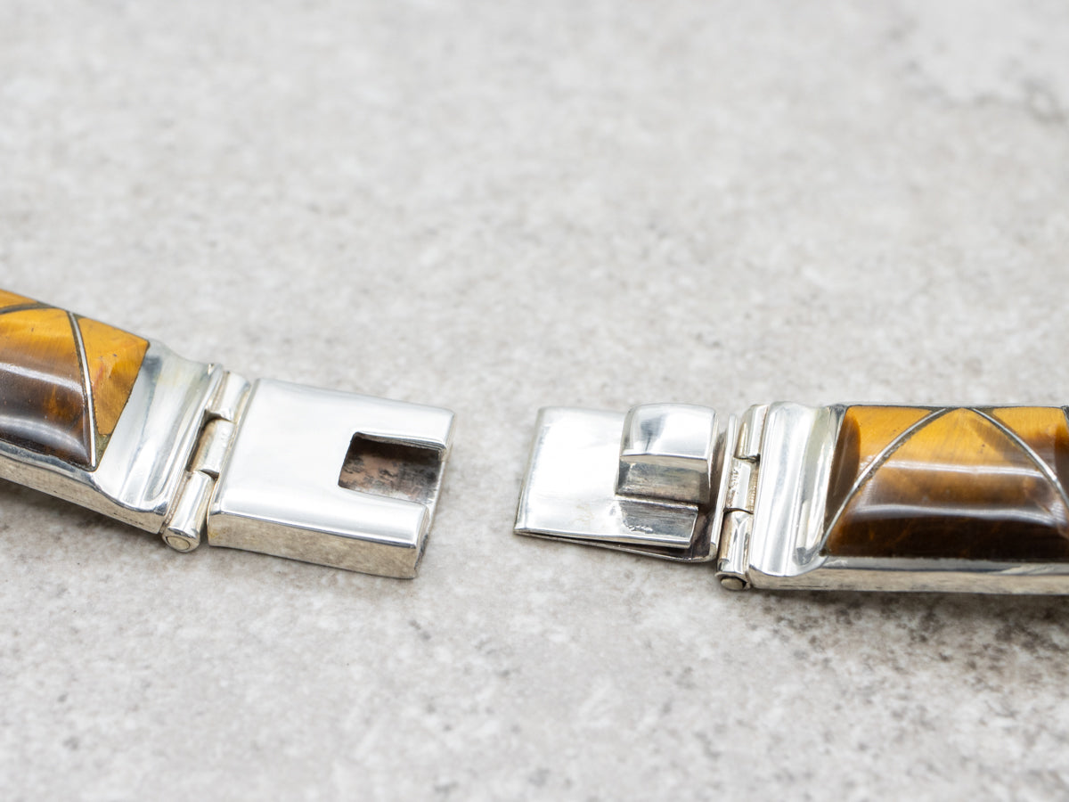 Modernist Sterling Silver and Tiger's Eye Link Necklace