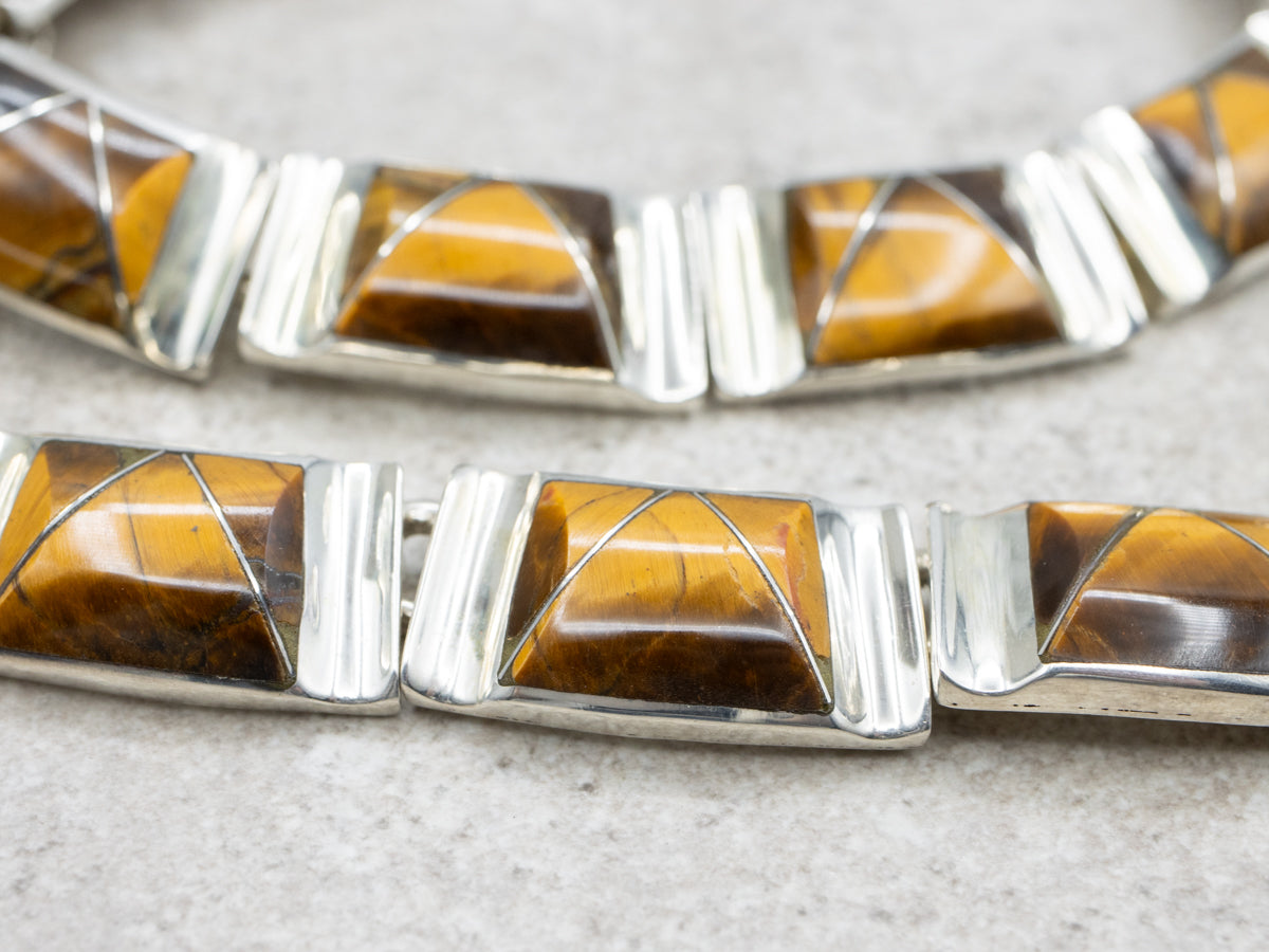 Modernist Sterling Silver and Tiger's Eye Link Necklace