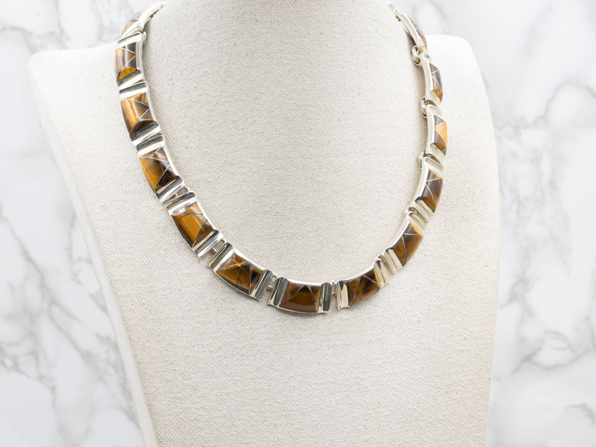 Modernist Sterling Silver and Tiger's Eye Link Necklace