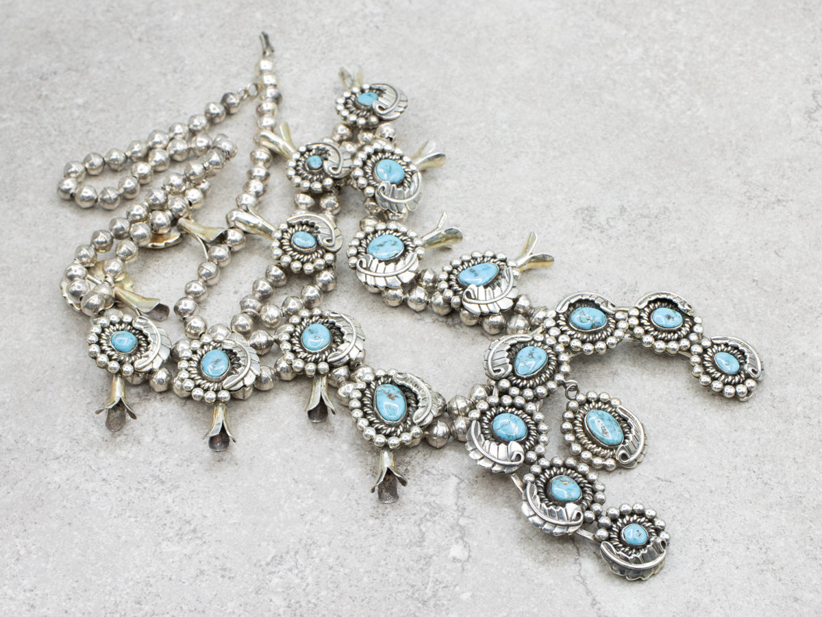 Stunning Native American Turquoise Squash Blossom Necklace with Fine American Turquoise