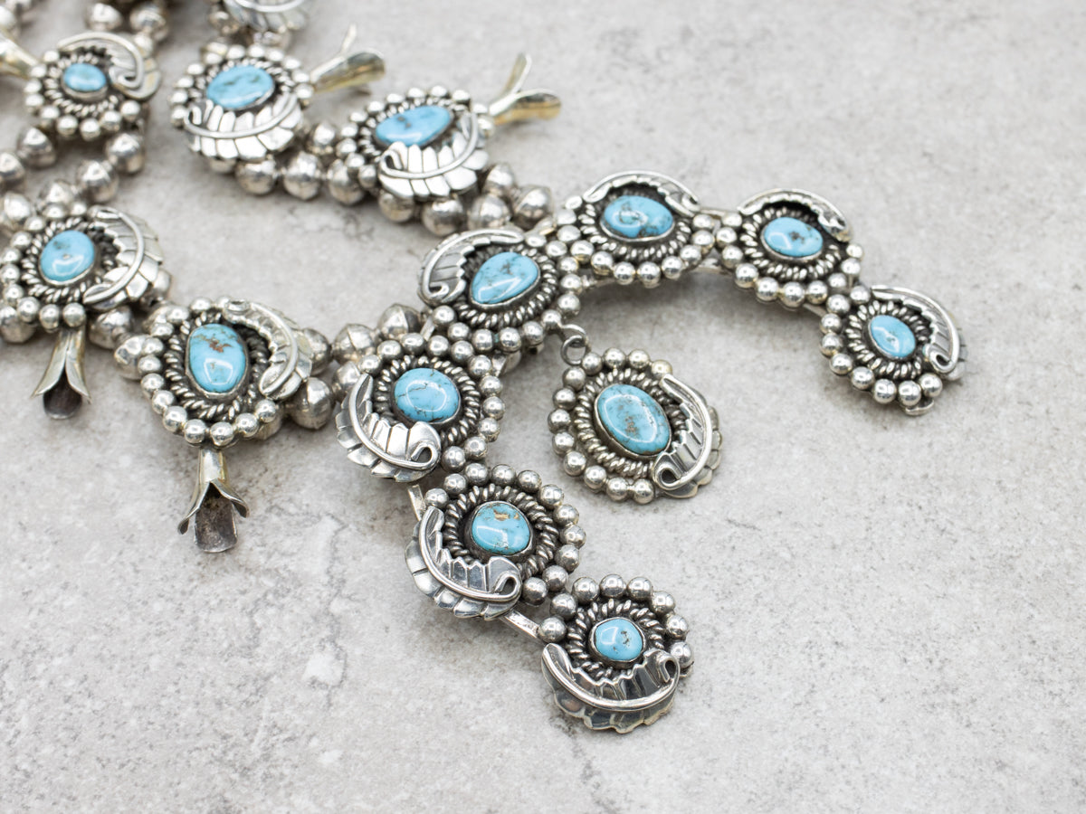 Stunning Native American Turquoise Squash Blossom Necklace with Fine American Turquoise