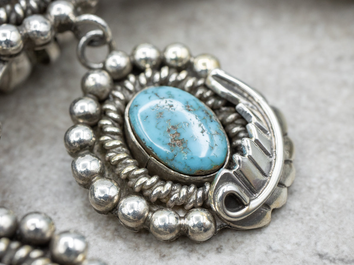 Stunning Native American Turquoise Squash Blossom Necklace with Fine American Turquoise