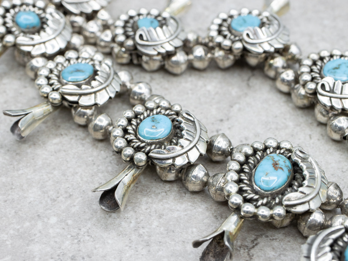 Stunning Native American Turquoise Squash Blossom Necklace with Fine American Turquoise