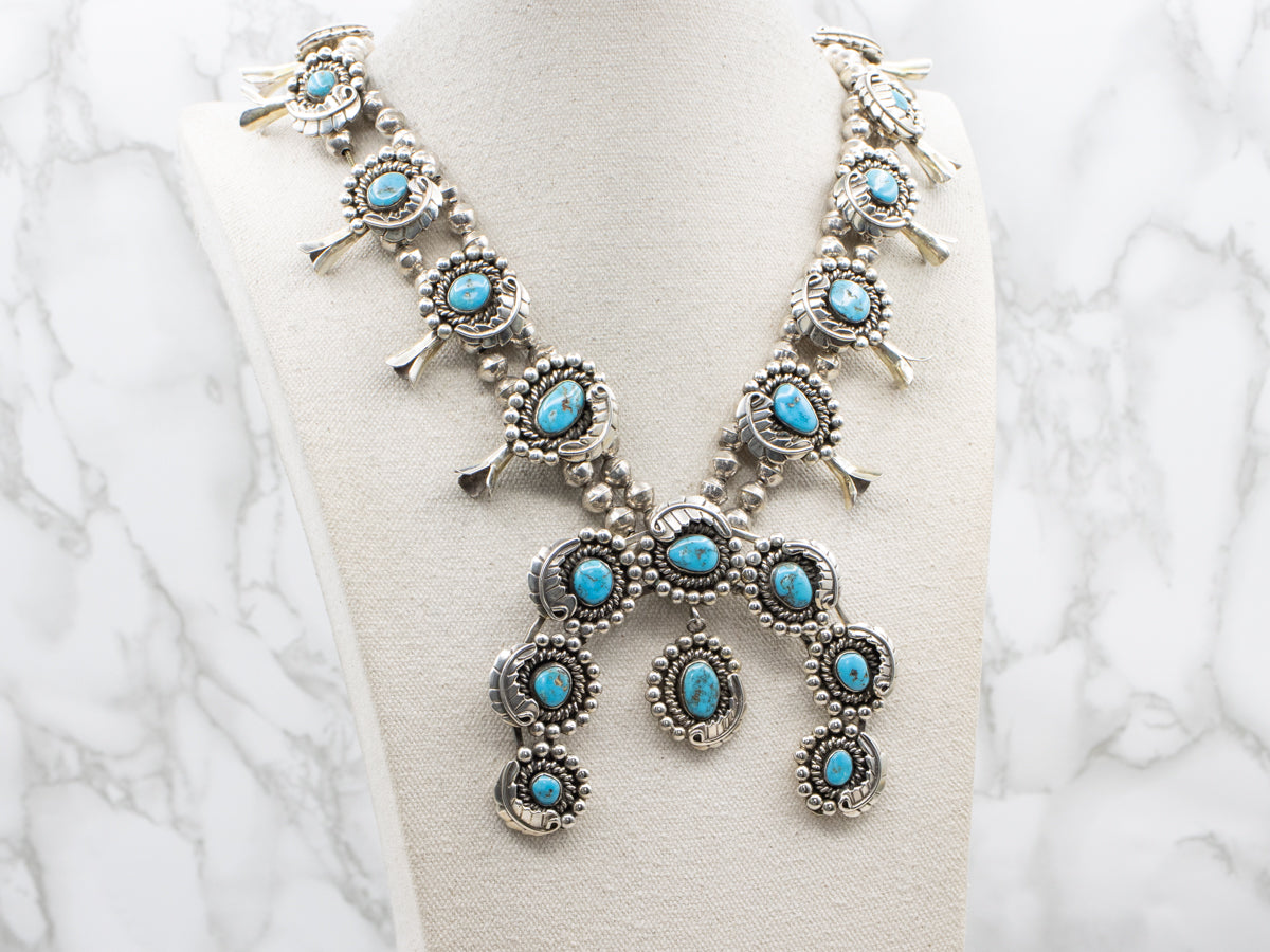 Stunning Native American Turquoise Squash Blossom Necklace with Fine American Turquoise