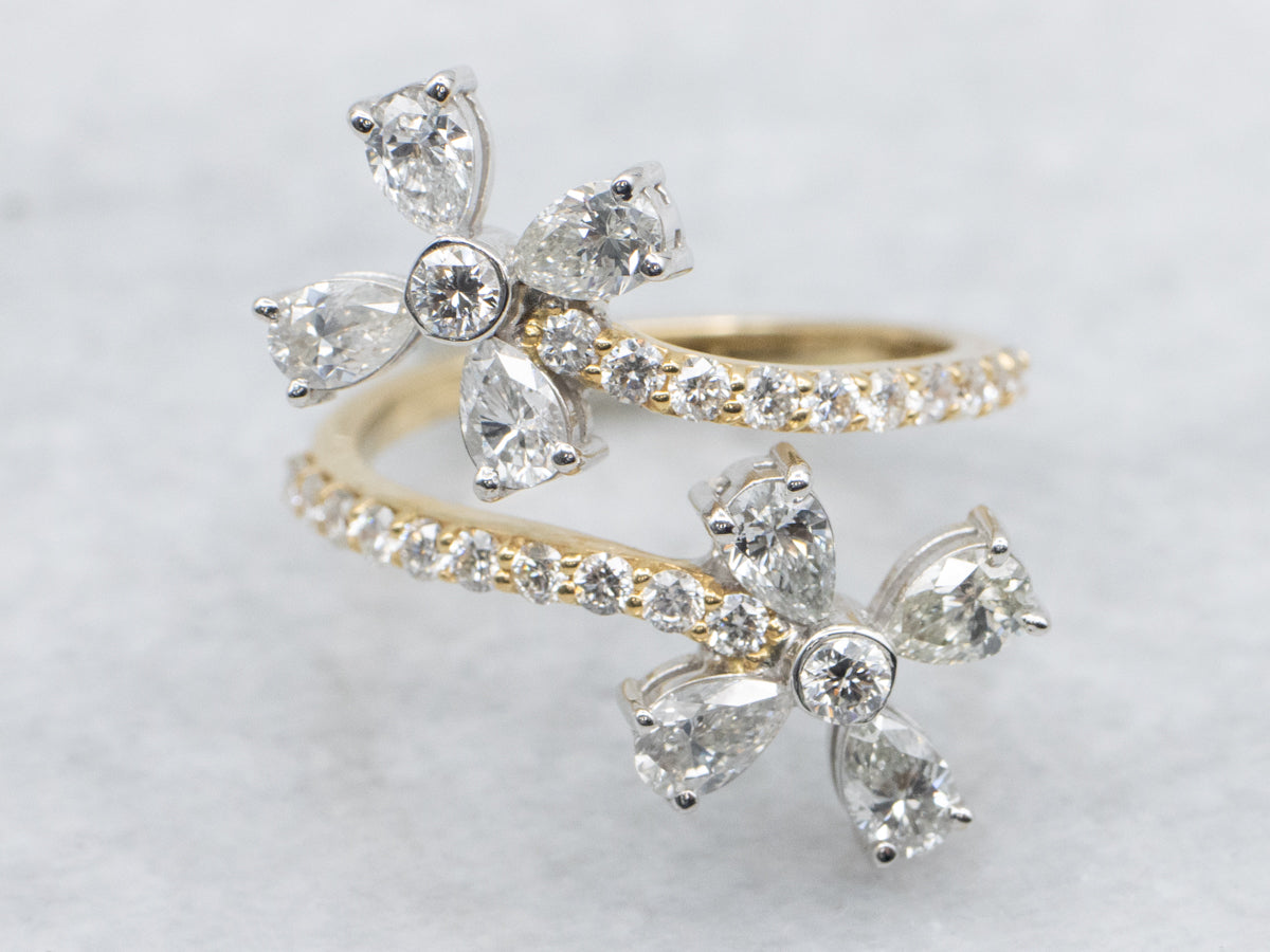 Floral Two-Tone Gold Diamond Bypass Ring