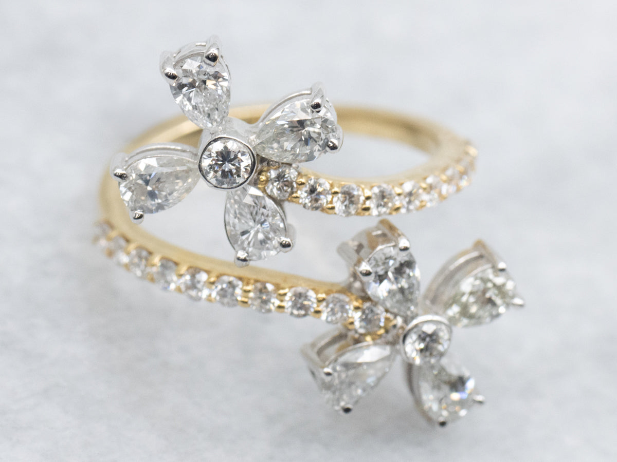 Floral Two-Tone Gold Diamond Bypass Ring