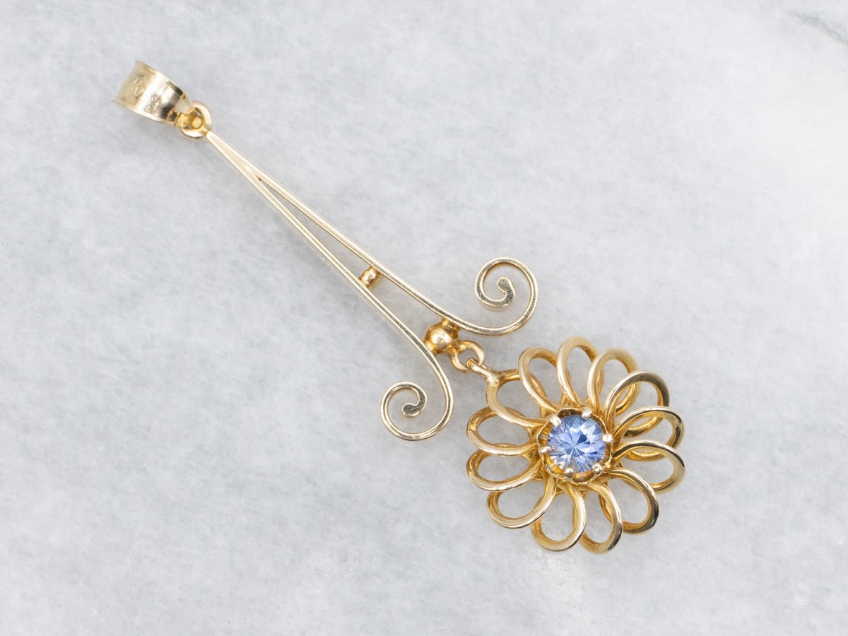 Looping Gold Blue Sapphire Floral Drop Pendant