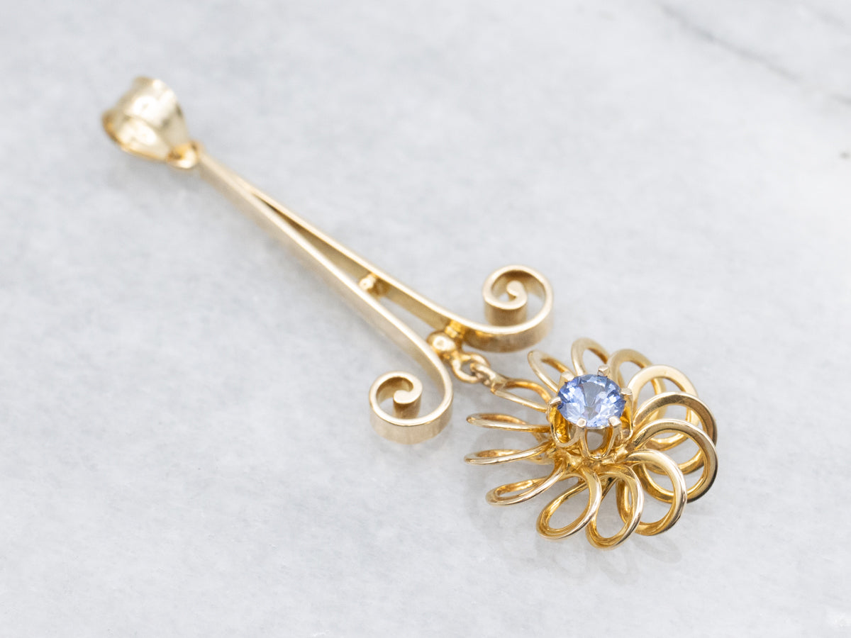 Looping Gold Blue Sapphire Floral Drop Pendant