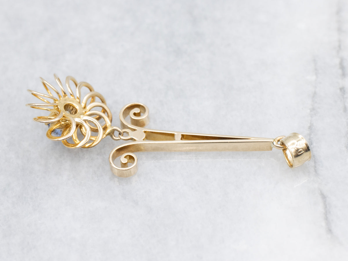 Looping Gold Blue Sapphire Floral Drop Pendant