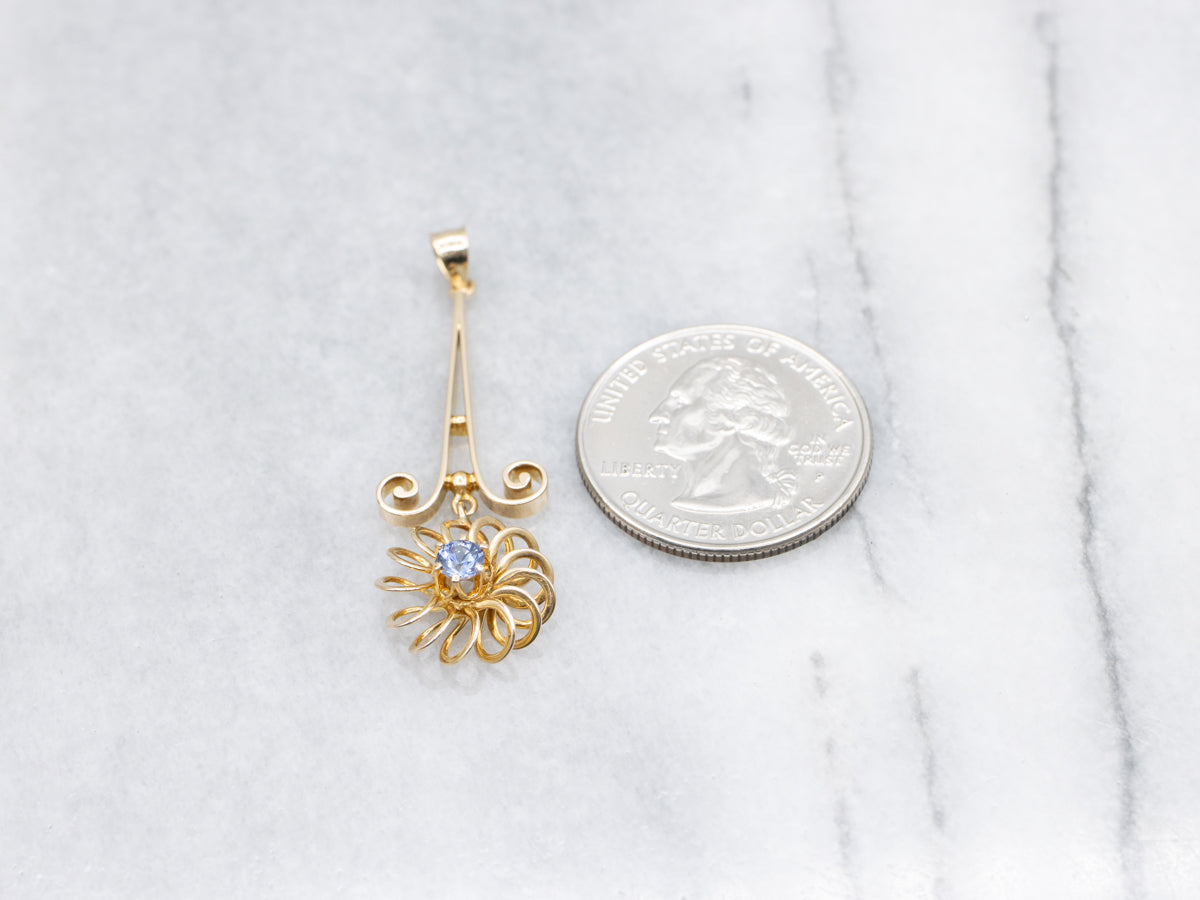 Looping Gold Blue Sapphire Floral Drop Pendant