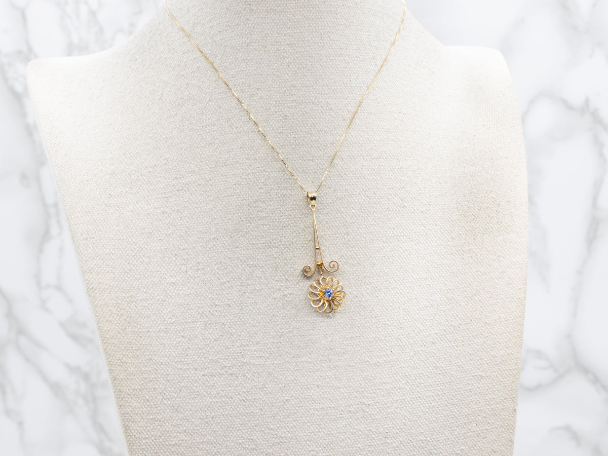 Looping Gold Blue Sapphire Floral Drop Pendant