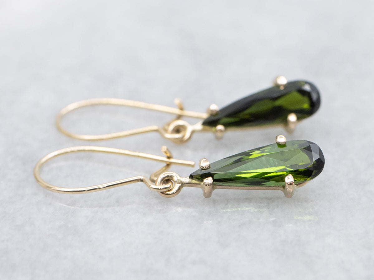 Pear-Cut Green Tourmaline Gold Drop Earrings