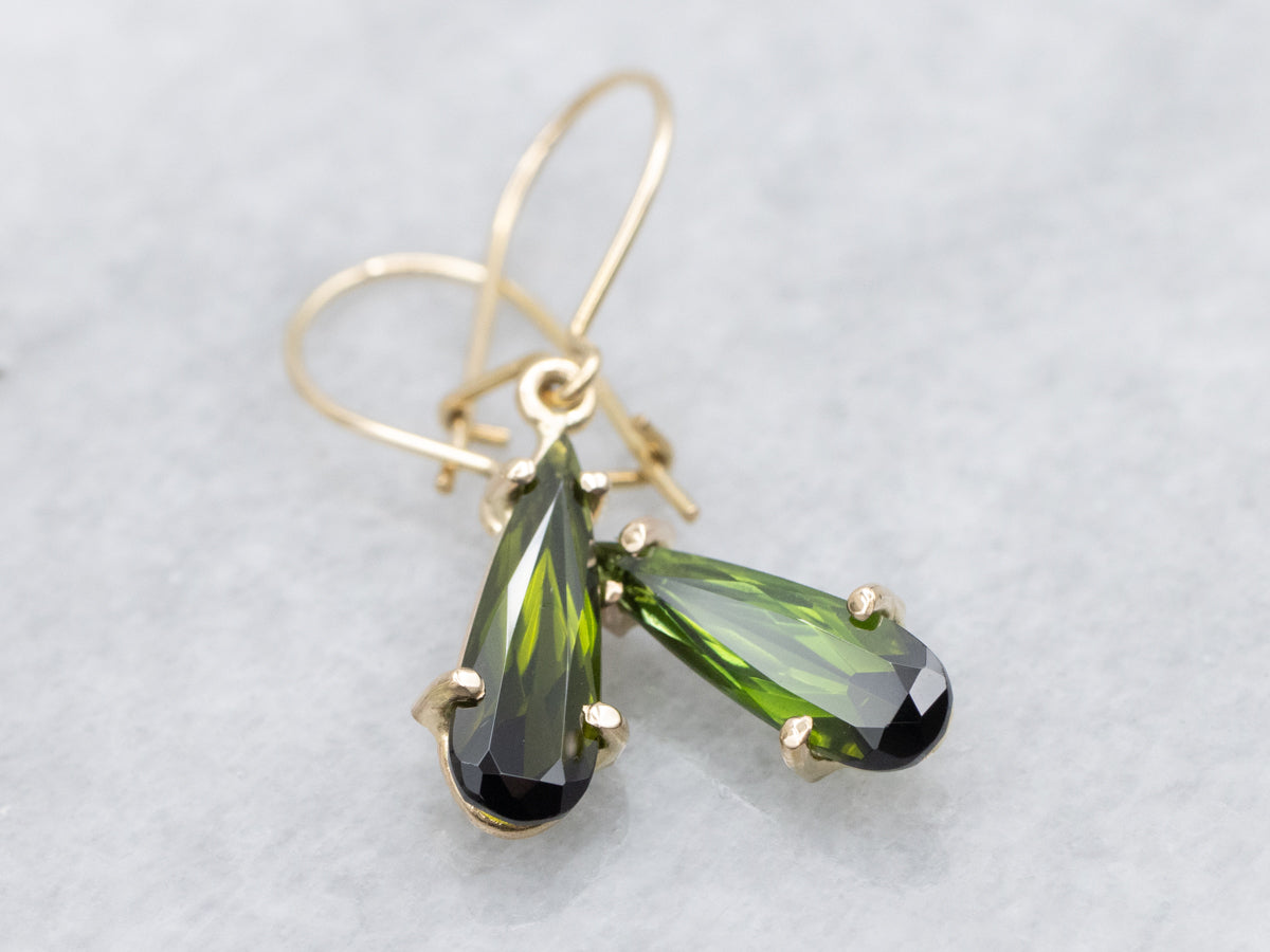 Pear-Cut Green Tourmaline Gold Drop Earrings
