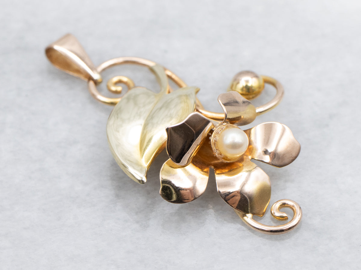 Retro-Era Floral Saltwater Pearl Two Tone Gold Pendant