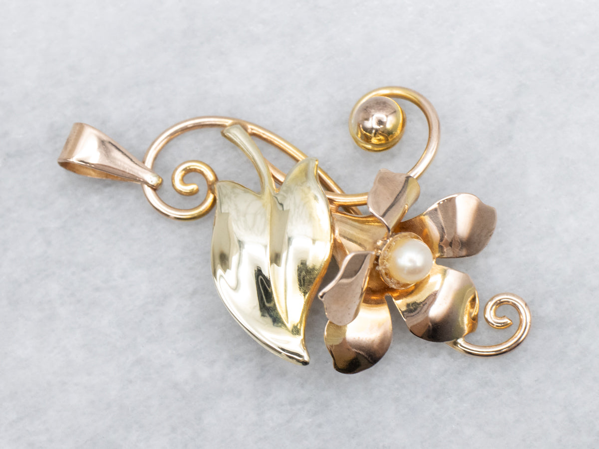 Retro-Era Floral Saltwater Pearl Two Tone Gold Pendant