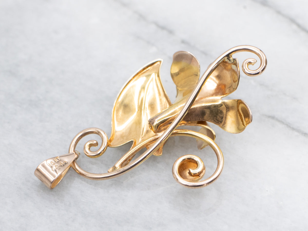 Retro-Era Floral Saltwater Pearl Two Tone Gold Pendant