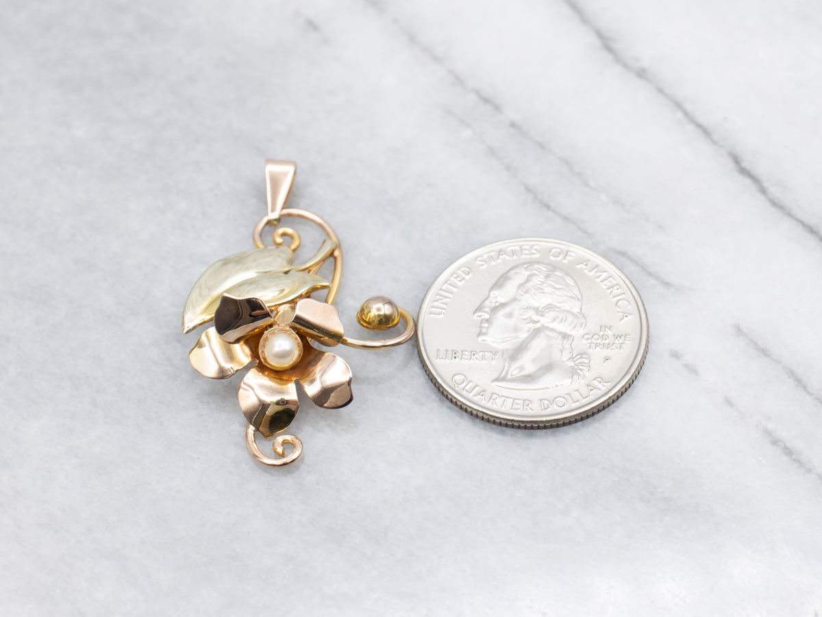 Retro-Era Floral Saltwater Pearl Two Tone Gold Pendant