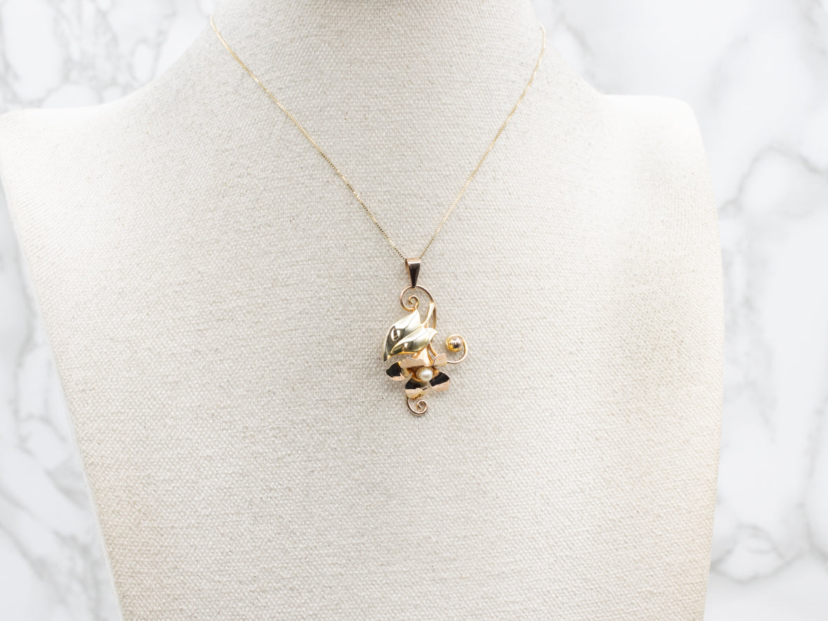 Retro-Era Floral Saltwater Pearl Two Tone Gold Pendant
