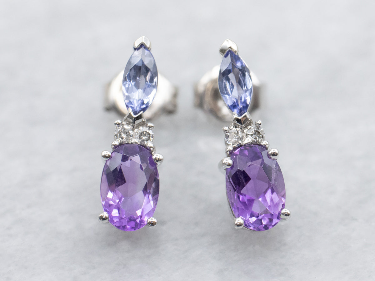 Amethyst Tanzanite Diamond and Gold Gemstone Earrings