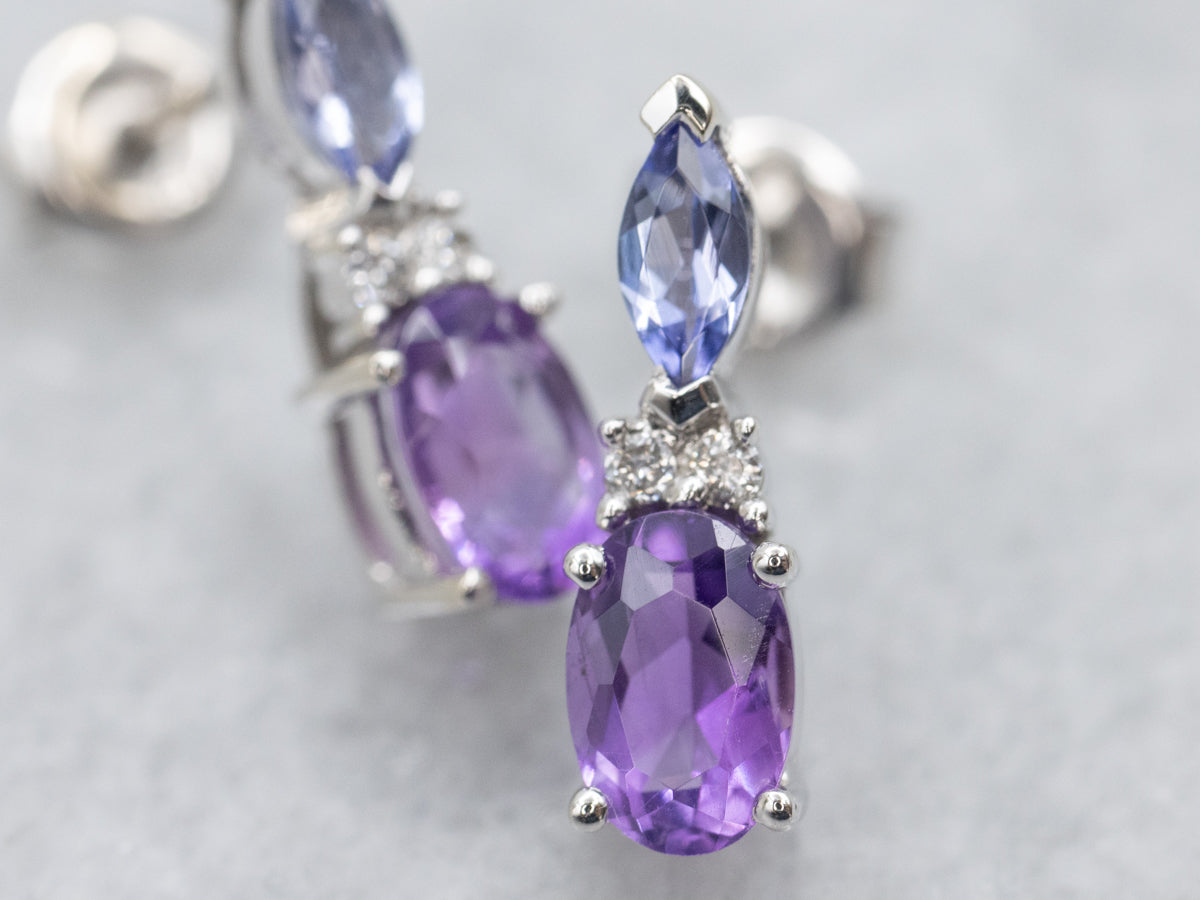 Amethyst Tanzanite Diamond and Gold Gemstone Earrings