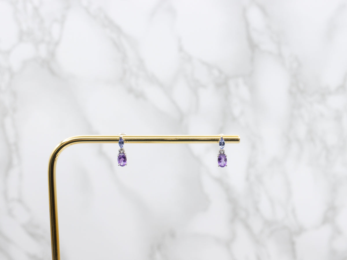 Amethyst Tanzanite Diamond and Gold Gemstone Earrings