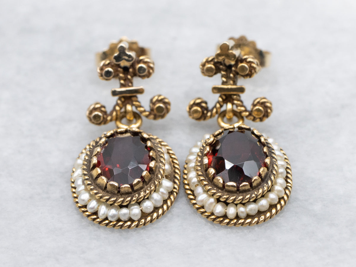 Ornate Gold Garnet and Seed Pearl Halo Drop Earrings