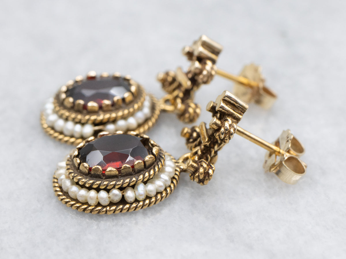 Ornate Gold Garnet and Seed Pearl Halo Drop Earrings
