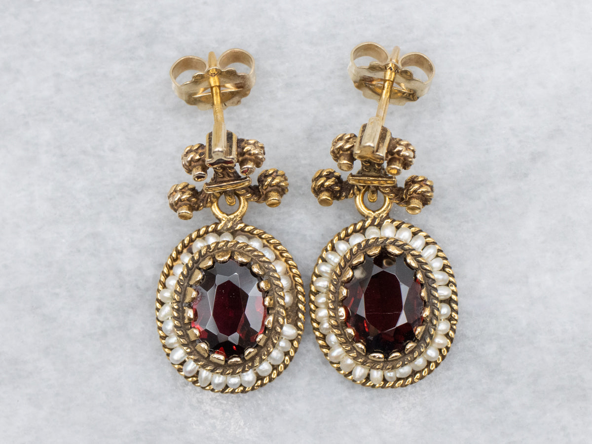 Ornate Gold Garnet and Seed Pearl Halo Drop Earrings